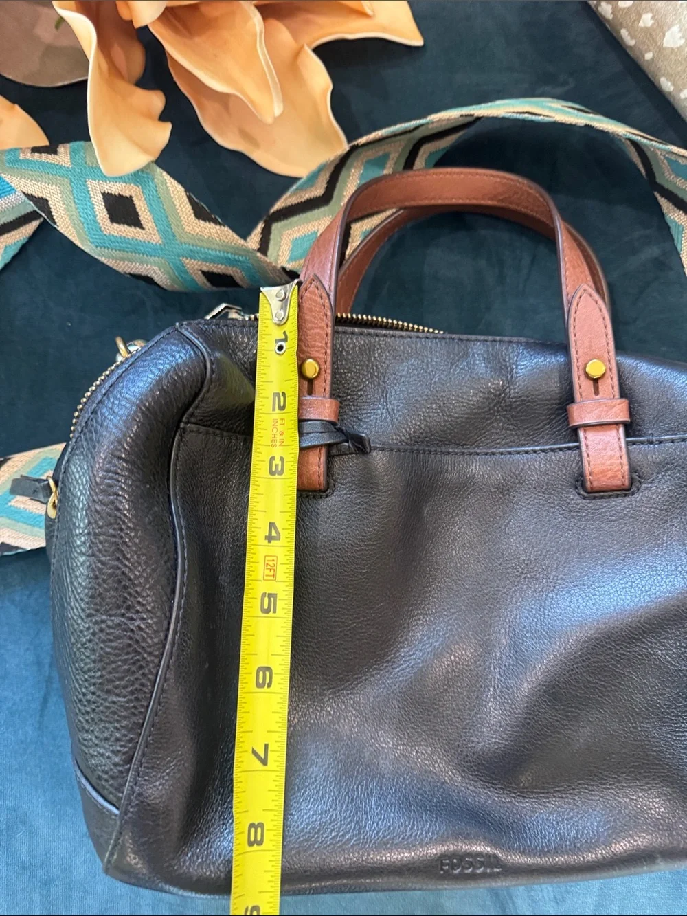 Black Leather Satchel with Detachable Patterned Strap
